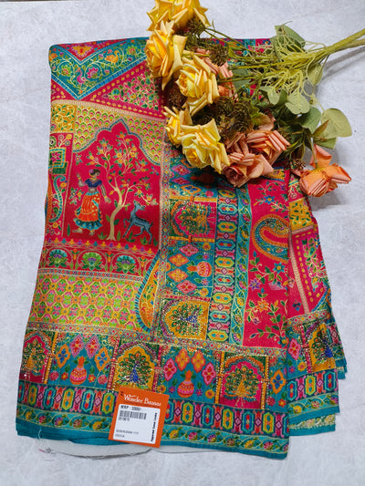 Vibrant Pink Russian Silk Saree with Traditional Pichwai Art Prints