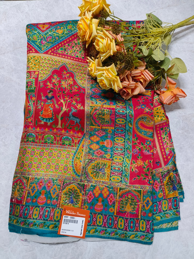 Vibrant Pink Russian Silk Saree with Traditional Pichwai Art Prints