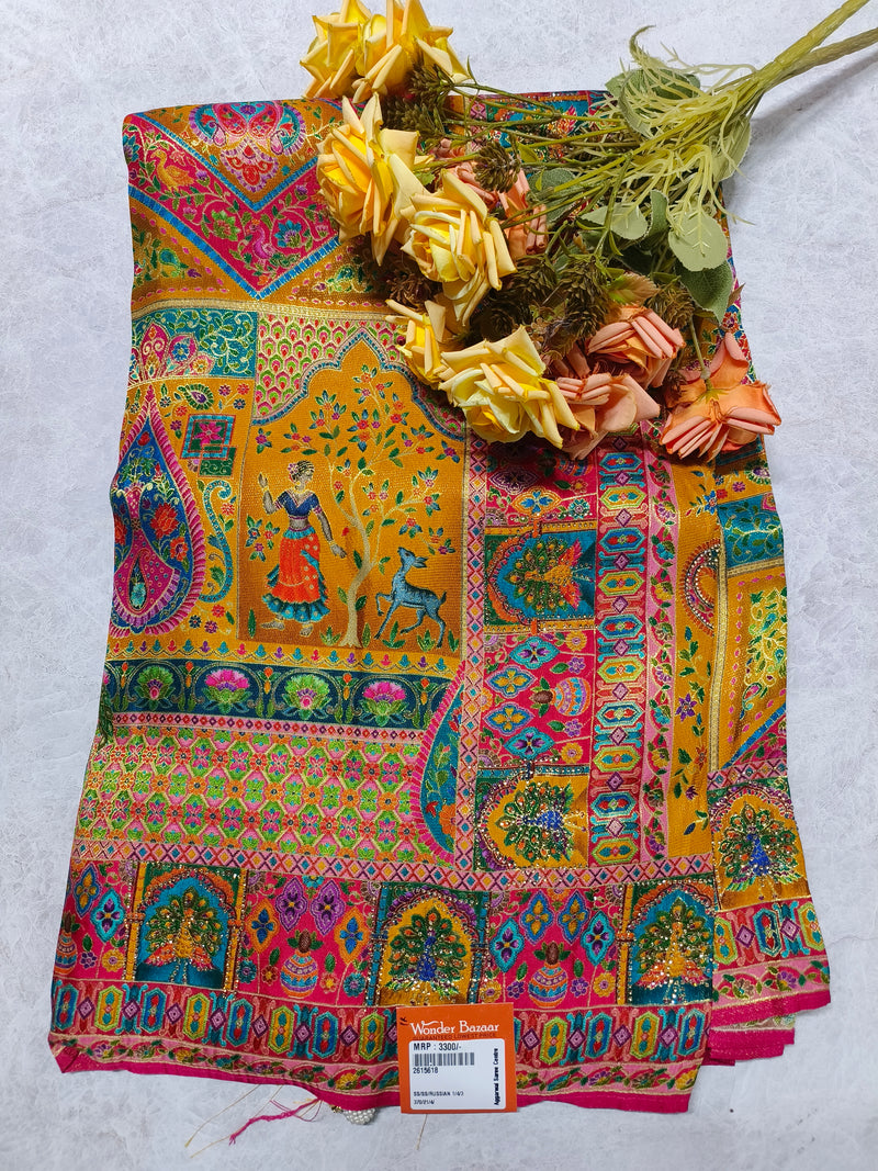 Vibrant Pink Russian Silk Saree with Traditional Pichwai Art Prints