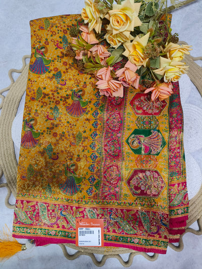 Vibrant Golden Yellow Saree with Shakuntala Dancing Lady Motifs