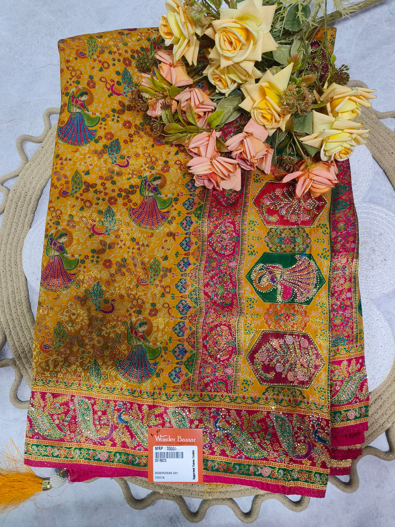 Vibrant Golden Yellow Saree with Shakuntala Dancing Lady Motifs