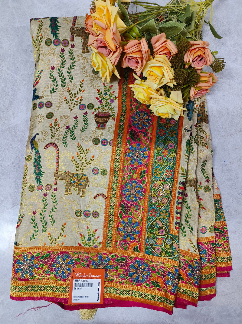 Elegant Cream Russian Silk Saree with Traditional Elephant and Floral Motifs