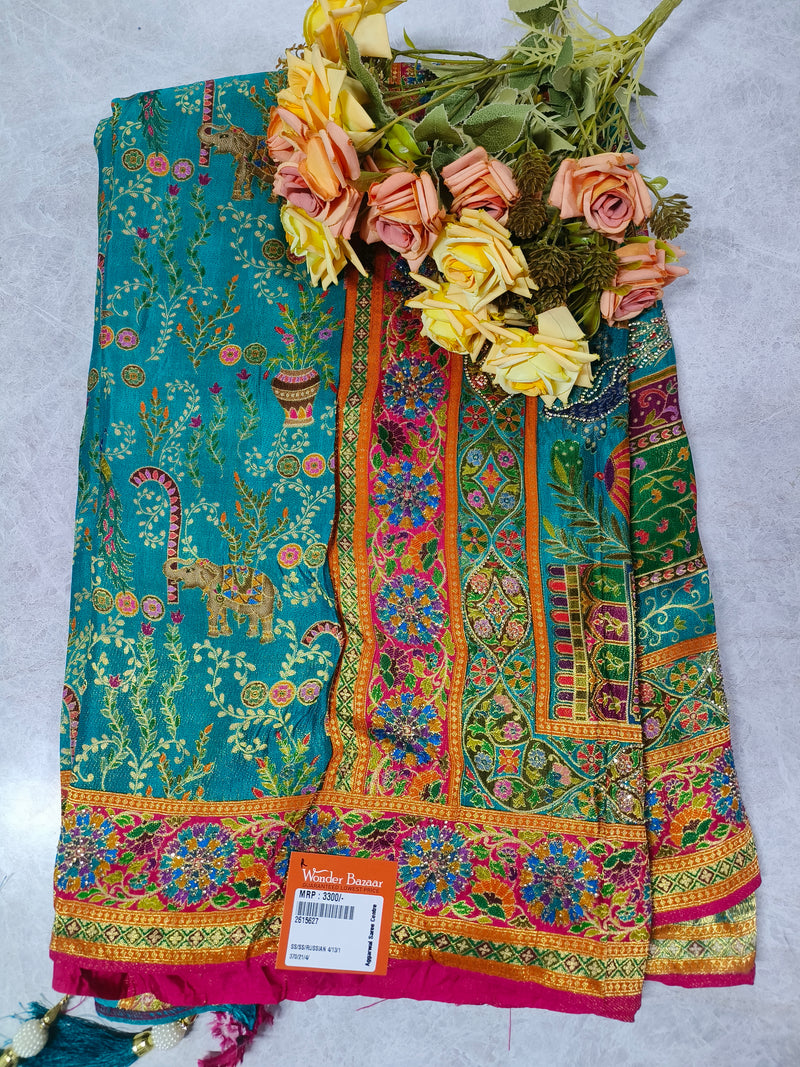 Elegant Cream Russian Silk Saree with Traditional Elephant and Floral Motifs