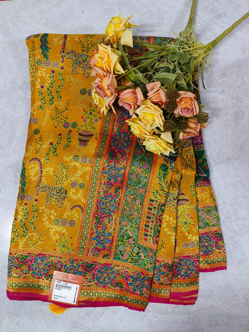 Elegant Cream Russian Silk Saree with Traditional Elephant and Floral Motifs
