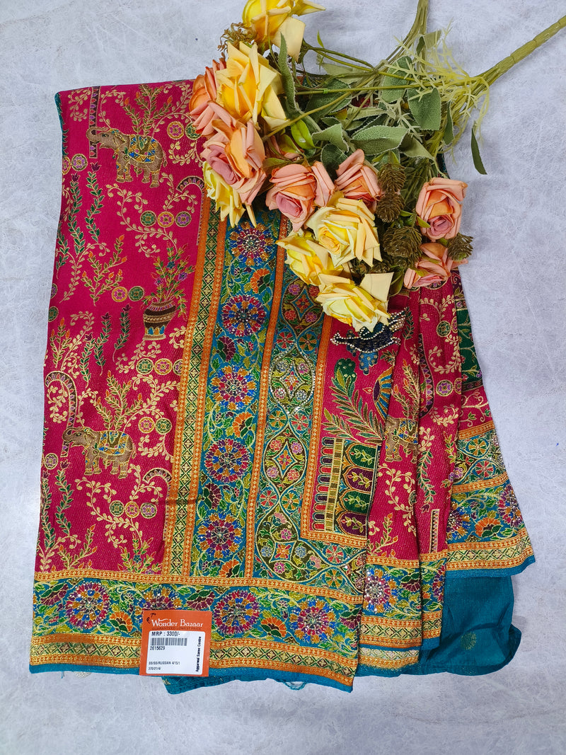 Elegant Cream Russian Silk Saree with Traditional Elephant and Floral Motifs