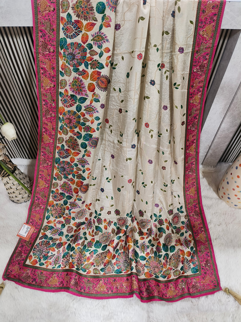 Vibrant Cream Silk Saree with Multicolored Kashmiri Floral Embroidery