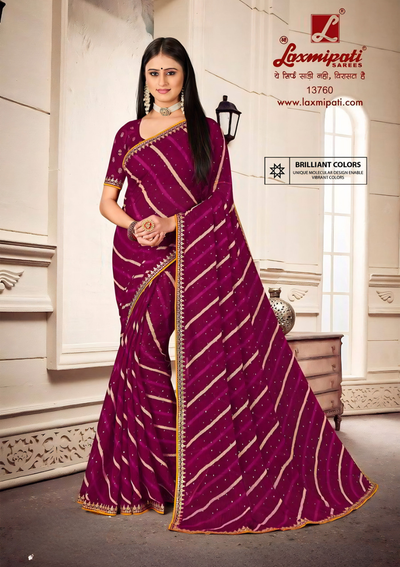 Vibrant Wine Purple Leheriya Printed Saree with Delicate Gold Border