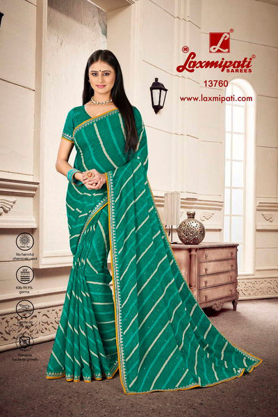 Elegant Teal Green Leheriya Print Saree with Zari Work Border
