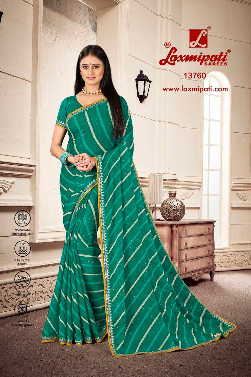 Elegant Teal Green Leheriya Print Saree with Zari Work Border