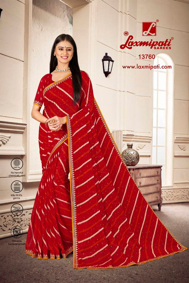 Classic Festive Red Leheriya Printed Saree with Delicate Embroidery
