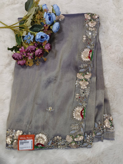 Ethereal Silver Grey Shimmer Saree with Handcrafted Floral Border