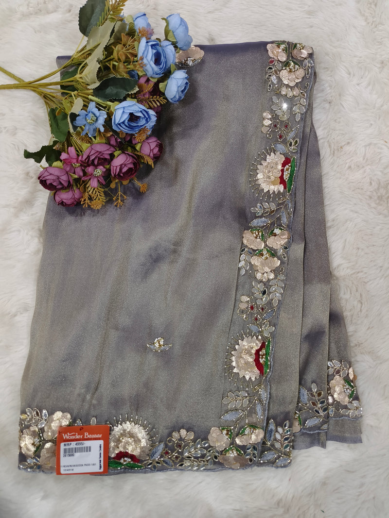 Ethereal Silver Grey Shimmer Saree with Handcrafted Floral Border