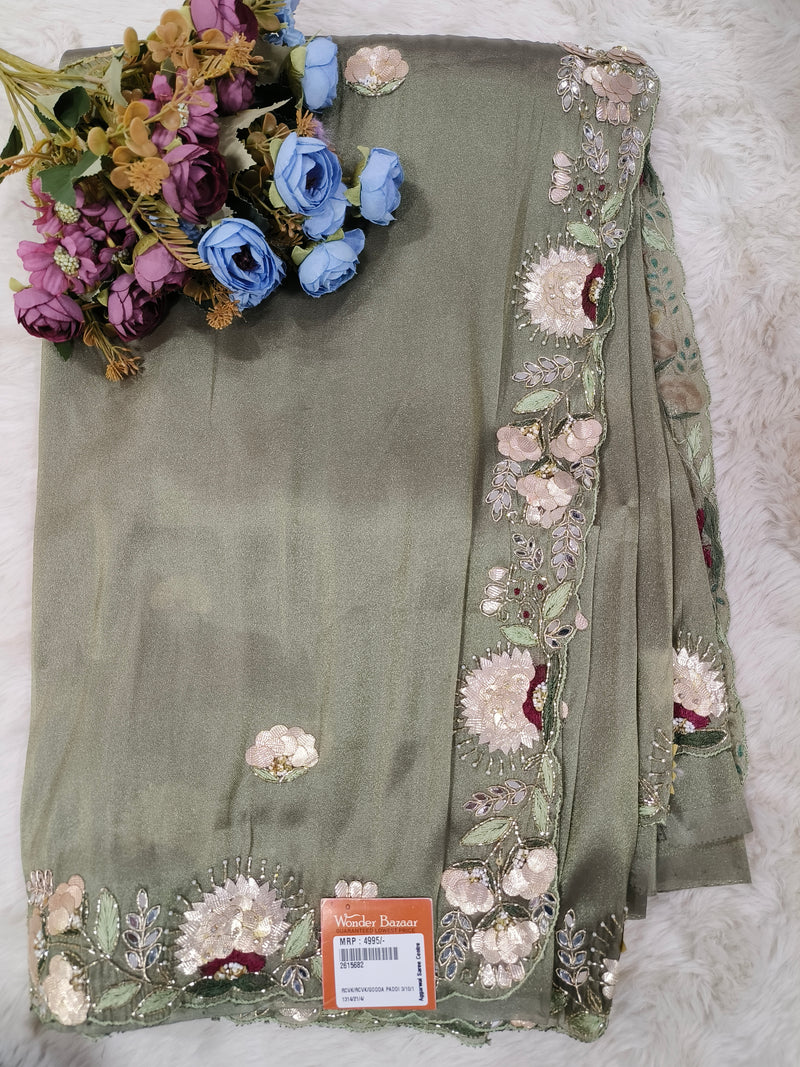 Ethereal Silver Grey Shimmer Saree with Handcrafted Floral Border