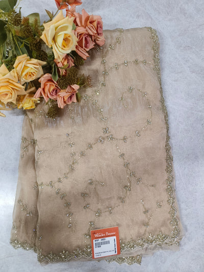 Luminous Champagne Gold Shimmer Saree with Floral Sequin Embroidery