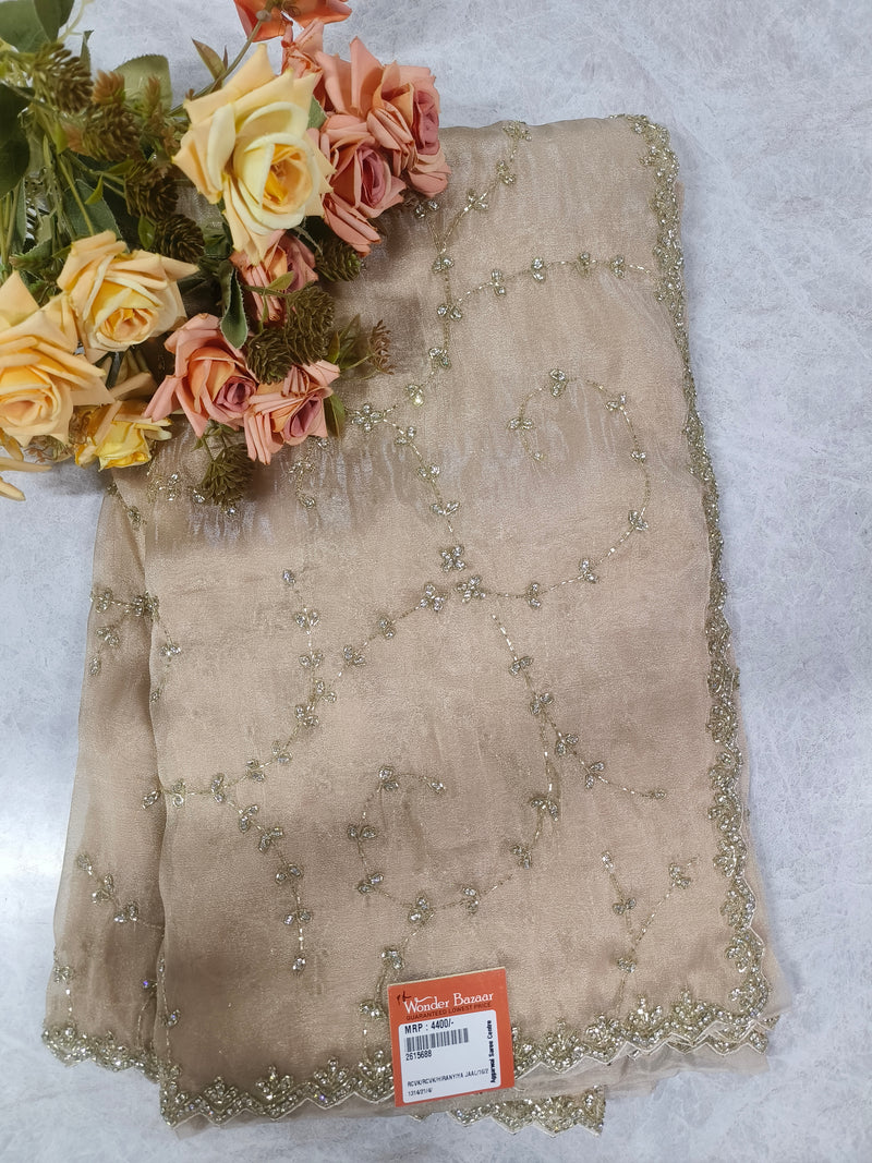 Luminous Champagne Gold Shimmer Saree with Floral Sequin Embroidery