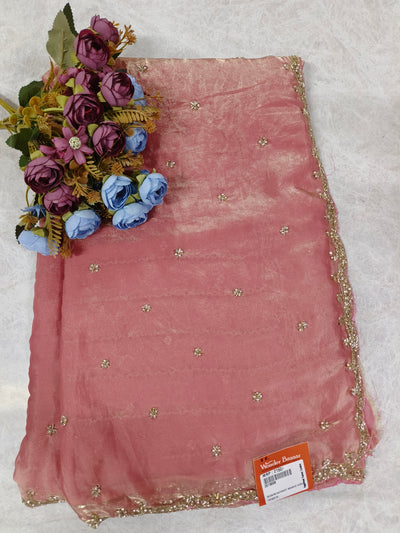 Elegant Onion Pink Shimmer Georgette Saree with Scalloped Zari Border