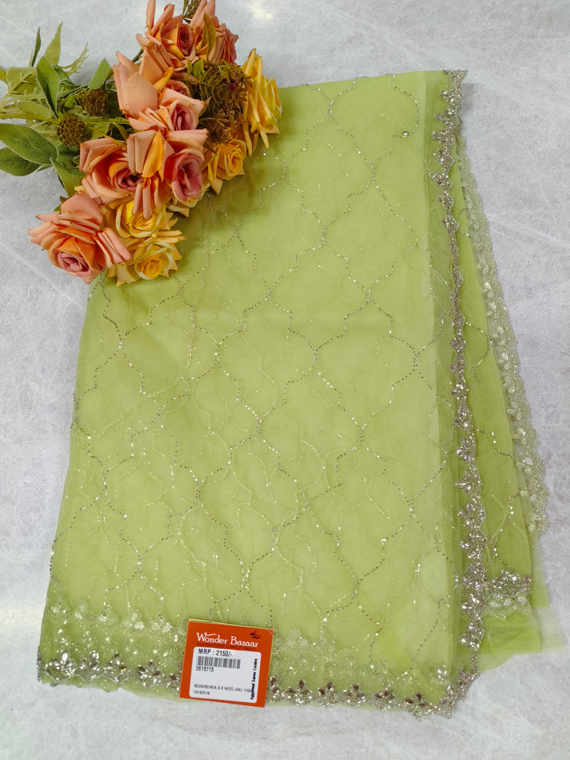 Refreshing Lime Green Net Saree with Silver Stone Jaal Work