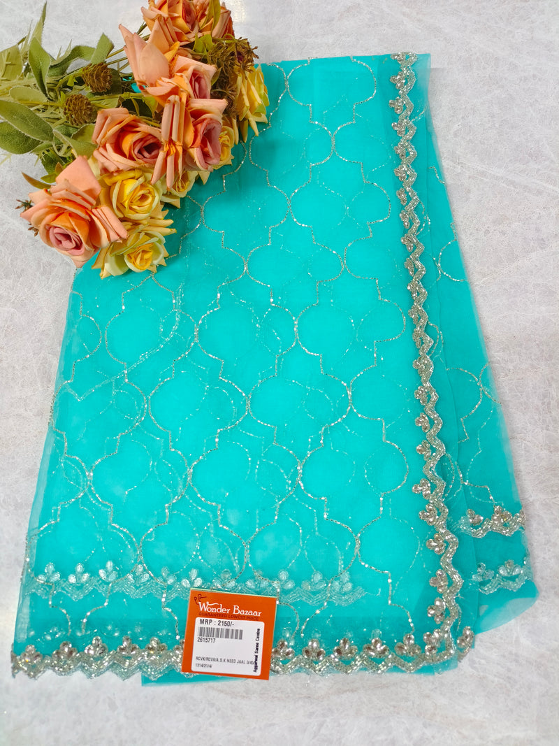 Refreshing Lime Green Net Saree with Silver Stone Jaal Work