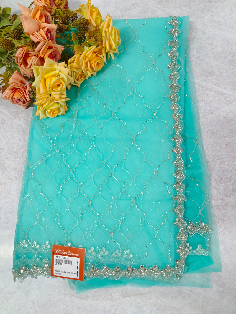 Refreshing Lime Green Net Saree with Silver Stone Jaal Work