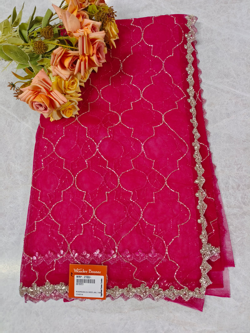 Refreshing Lime Green Net Saree with Silver Stone Jaal Work