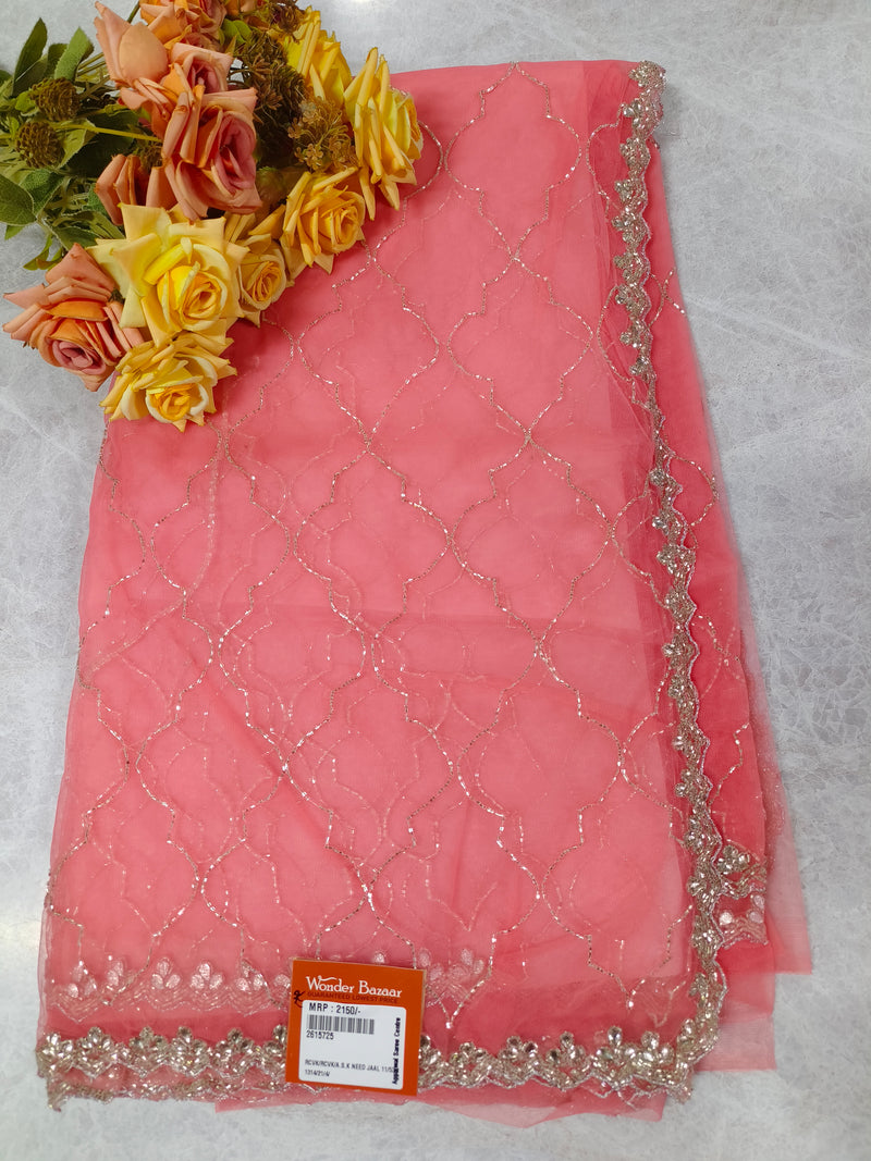 Refreshing Lime Green Net Saree with Silver Stone Jaal Work