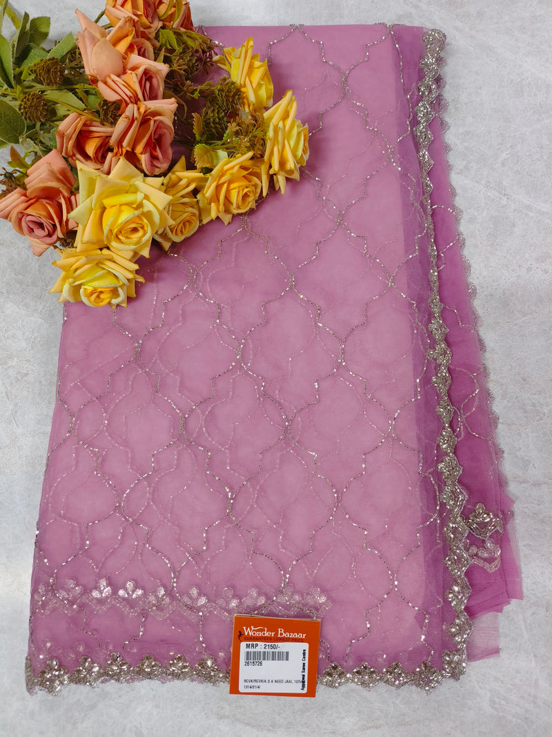 Refreshing Lime Green Net Saree with Silver Stone Jaal Work