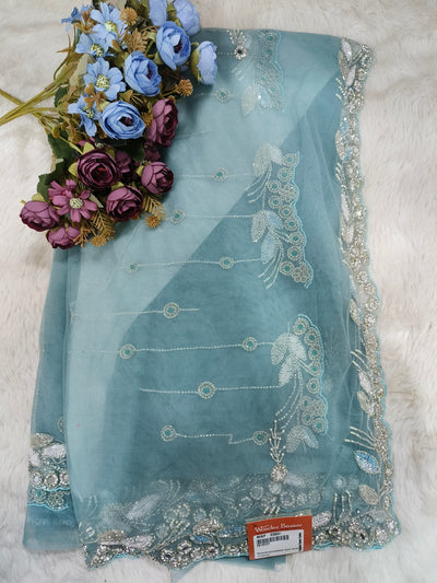 Enchanting Sea Green Net Saree with Silver Sequin Floral Embroidery