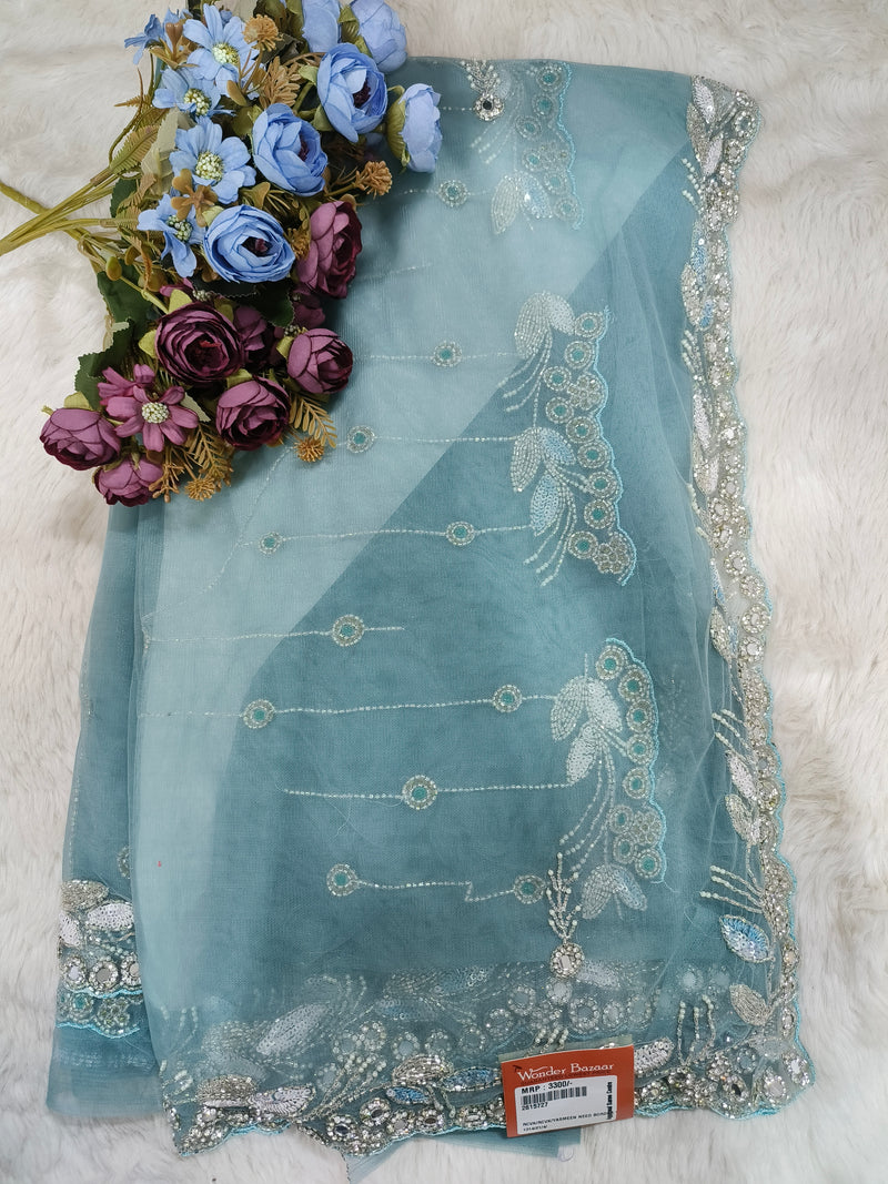 Enchanting Sea Green Net Saree with Silver Sequin Floral Embroidery
