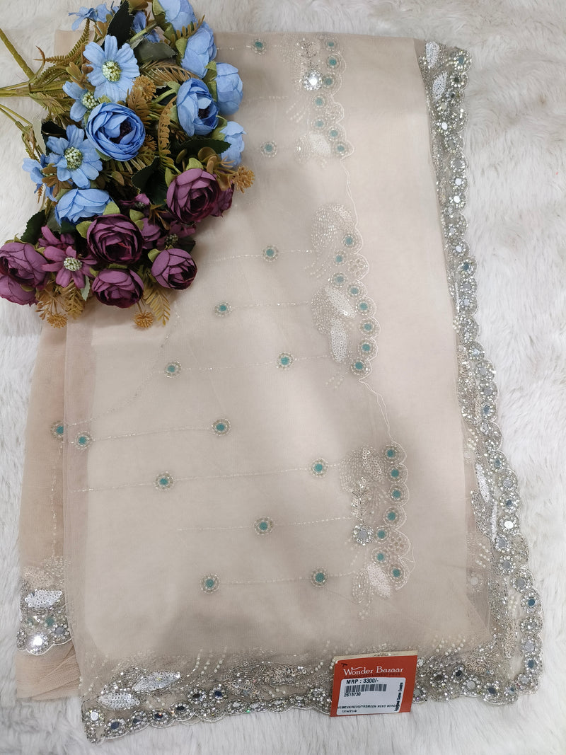 Enchanting Sea Green Net Saree with Silver Sequin Floral Embroidery