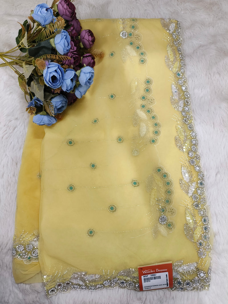 Enchanting Sea Green Net Saree with Silver Sequin Floral Embroidery