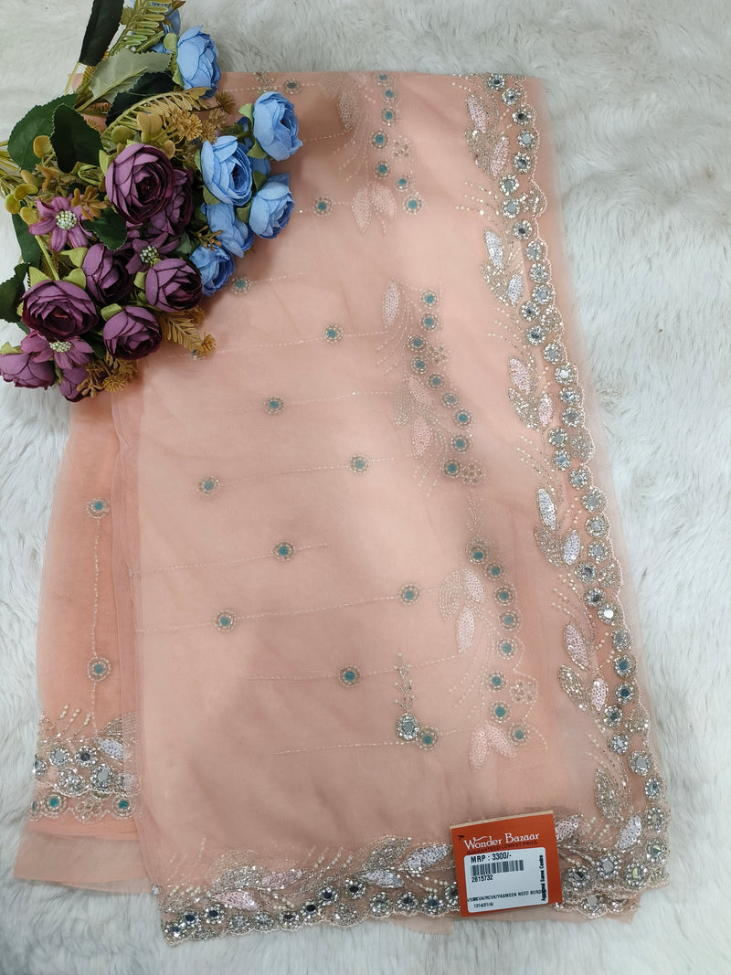 Enchanting Sea Green Net Saree with Silver Sequin Floral Embroidery