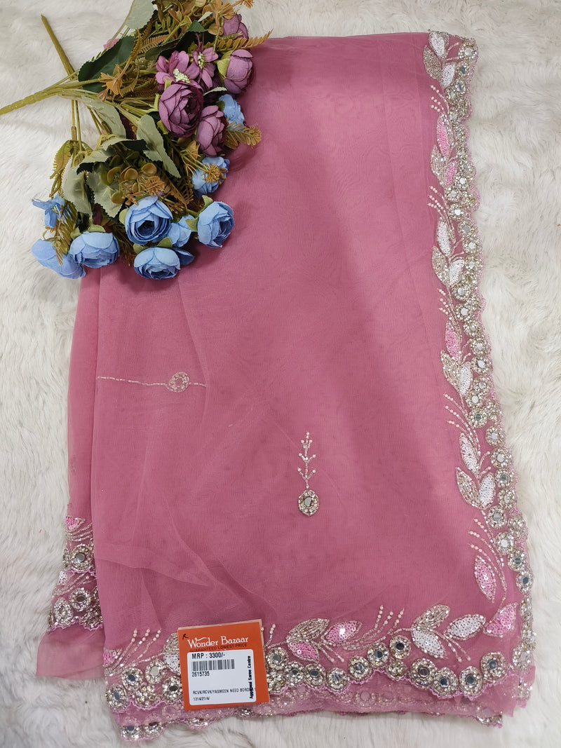 Enchanting Sea Green Net Saree with Silver Sequin Floral Embroidery