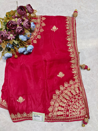 Radiant Rani Pink Silk Saree with Intricate Gold Zari Border