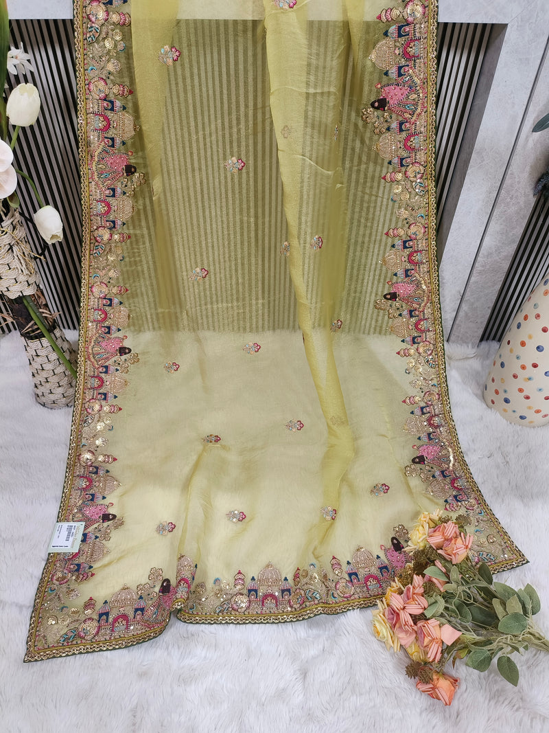 Graceful Olive Gold Organza Saree with Traditional Doli Border