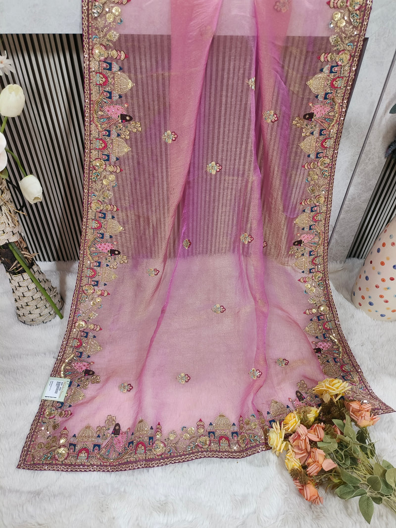 Graceful Olive Gold Organza Saree with Traditional Doli Border