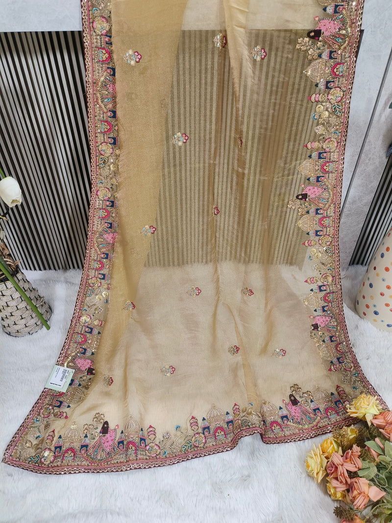 Graceful Olive Gold Organza Saree with Traditional Doli Border