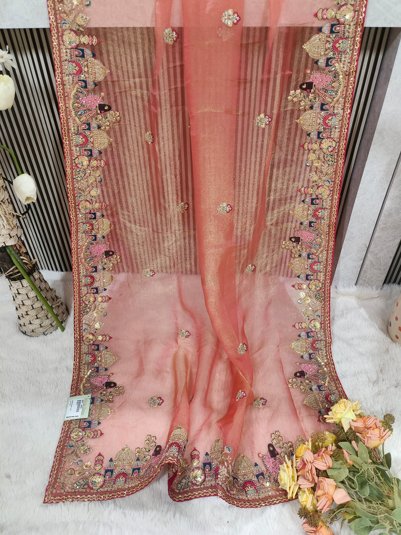 Graceful Olive Gold Organza Saree with Traditional Doli Border