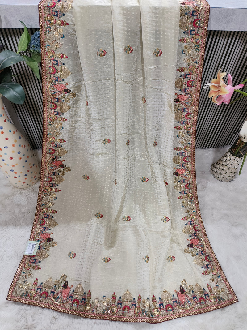 Elegant Ivory Chiffon Saree with Intricate Doli Embroidery Border