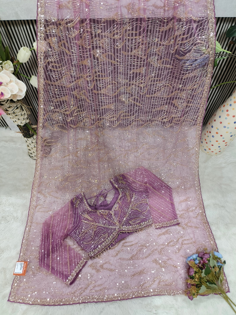 Glamorous Lavender Sequence Net Saree with Matching Designer Blouse