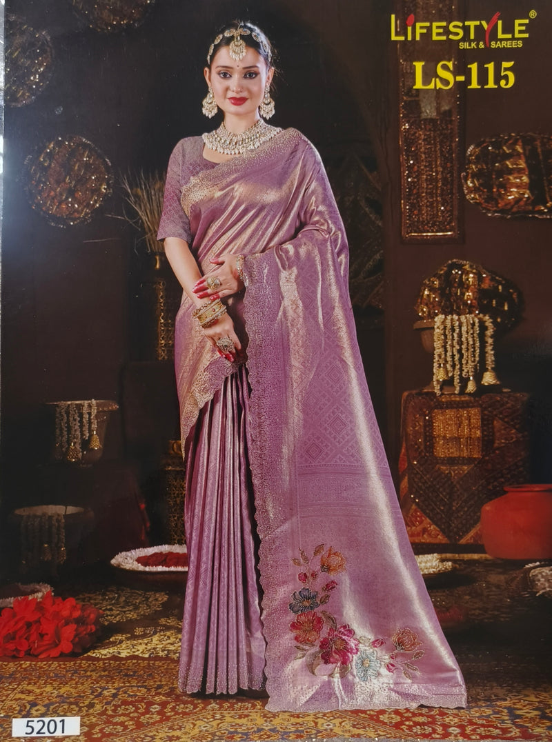 Elegant Dusty Rose Silk Saree with Floral Pallu and Golden Zari Border
