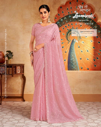 Pastel Pink Embroidered Net Saree with Scalloped Lace Border