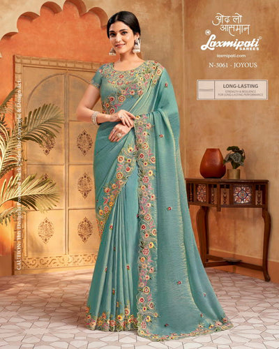 Sea Green Chiffon Saree with Multi-Color Floral Embroidery