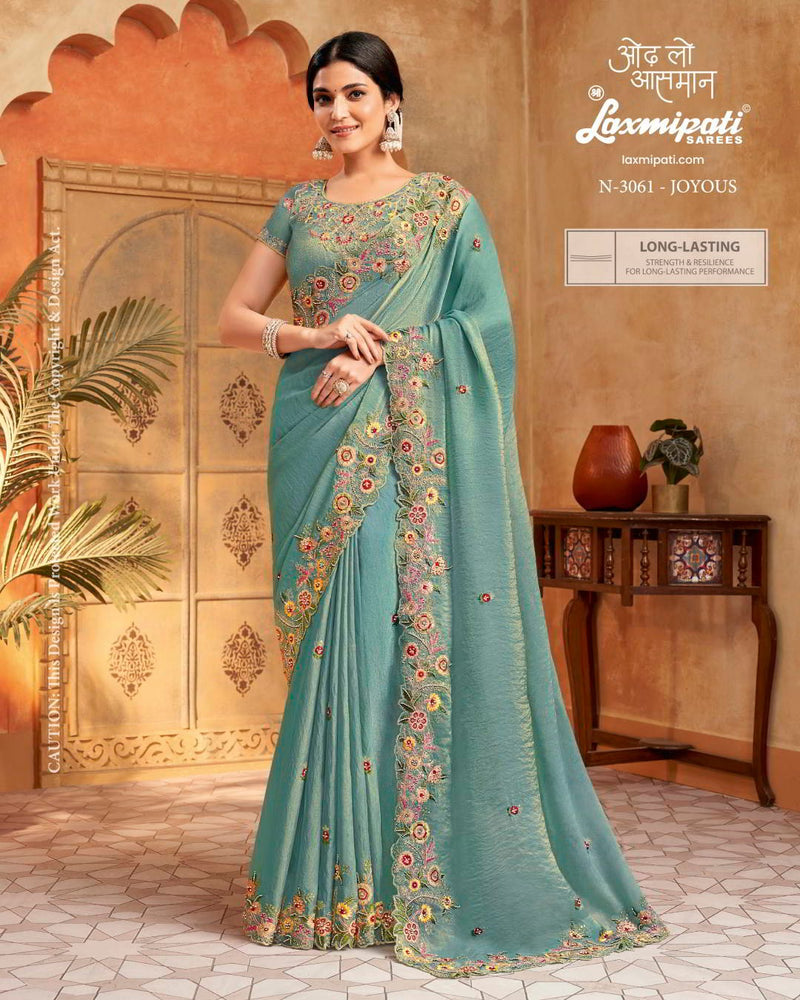 Sea Green Chiffon Saree with Multi-Color Floral Embroidery