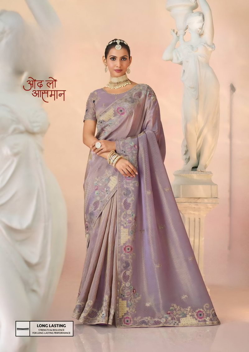 Dusty Lilac Silk Blend Saree with Metallic Floral Jaal Work