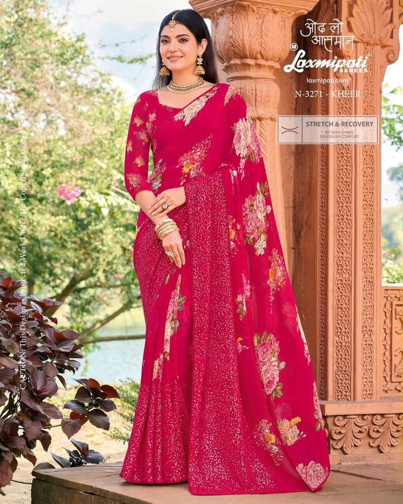 Fuchsia Pink Floral Print Saree with Shimmer Sequin Details