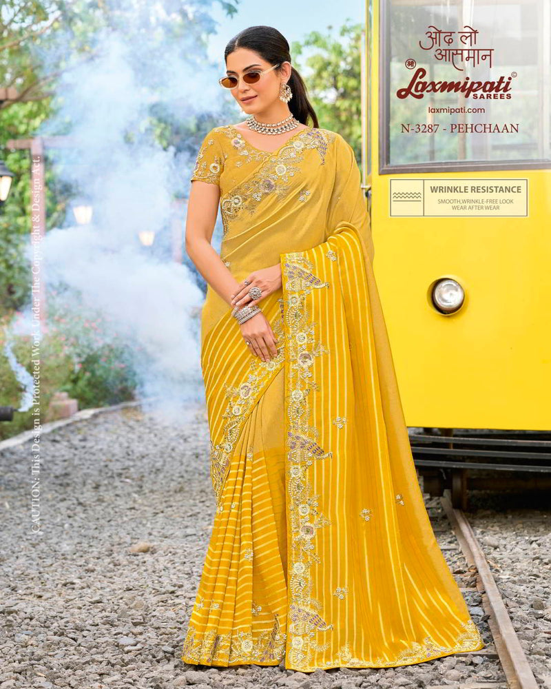 Mustard Yellow Striped Saree with Mirror Work Border