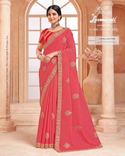 Coral Salmon Georgette Saree with Gold Buta Embroidery