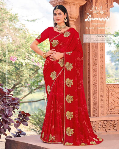 Vibrant Crimson Red Laxmipati Georgette Saree with Golden Butta Work