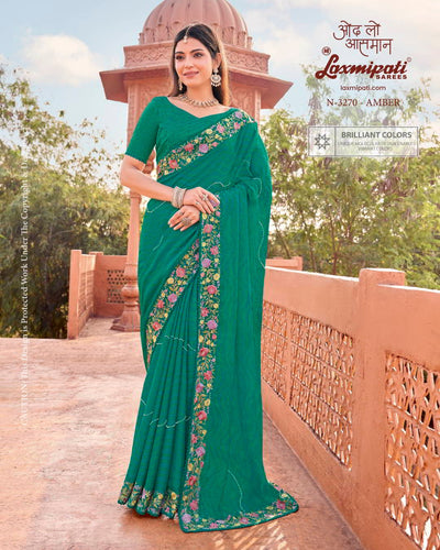 Elegant Emerald Green Textured Saree with Multicolored Floral Border