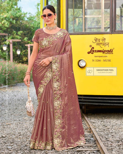 Luxe Mauve Shimmer Saree with Regal Elephant Motif Embroidery